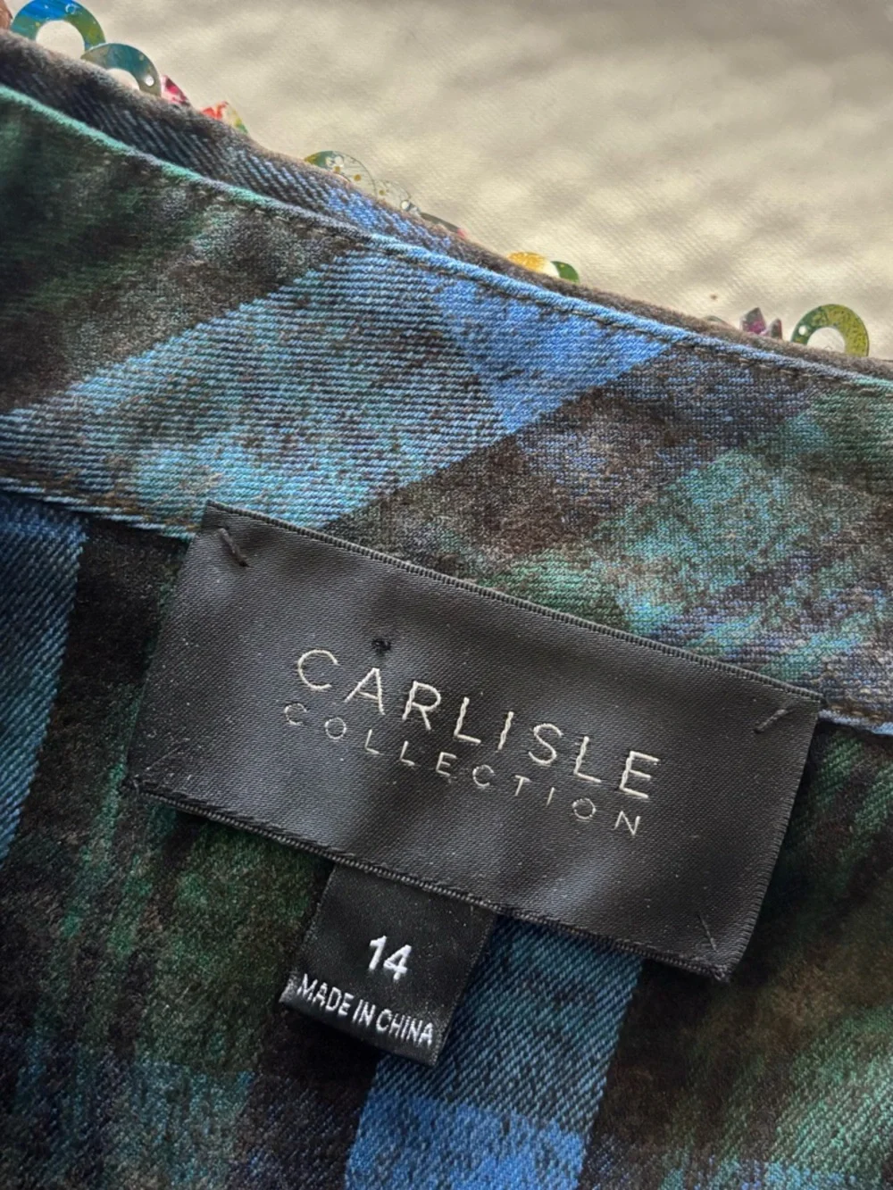 Carlisle Collection Plaid Satin Embroidered Trim Jacket
